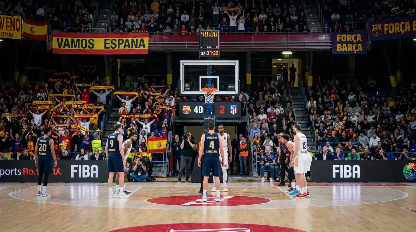 Partido de baloncesto de la Liga ACB Endesa con aficionados en un pabellón español