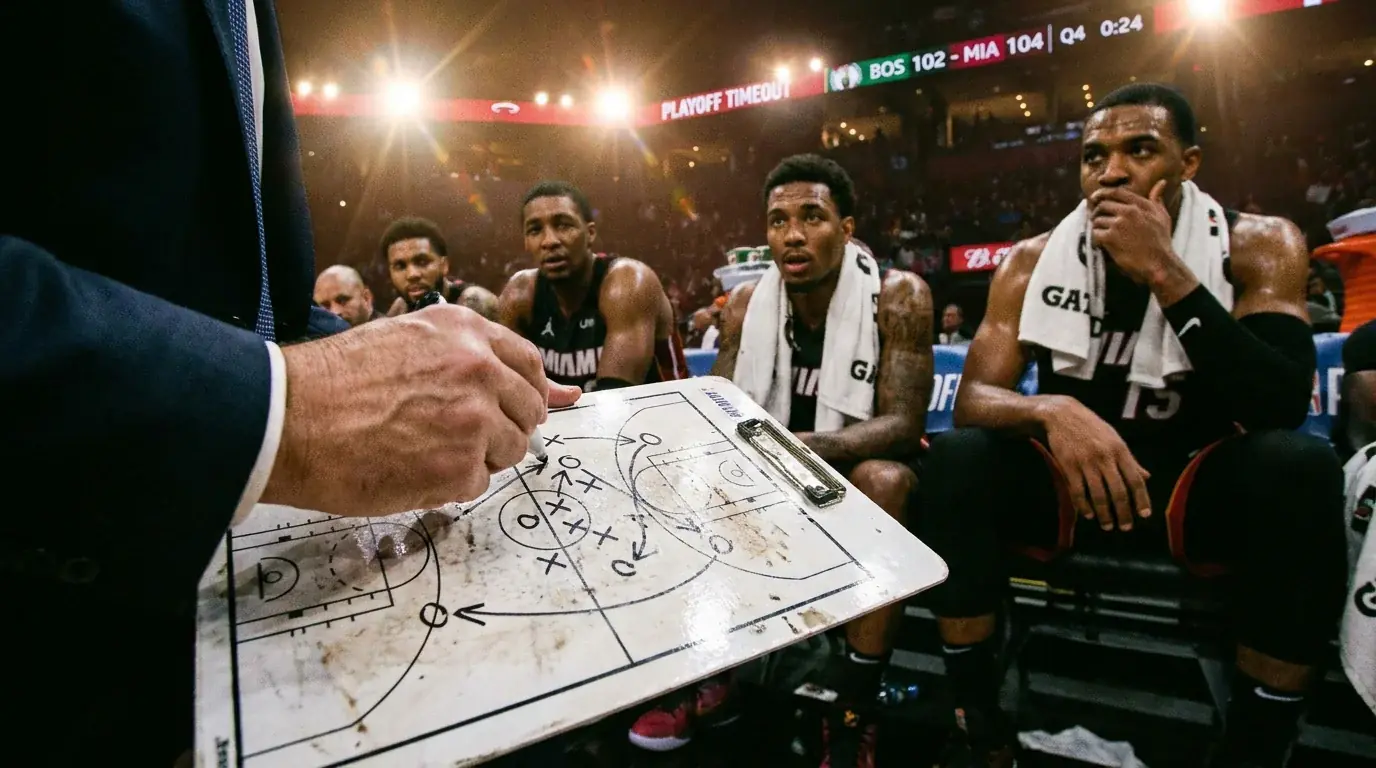 Entrenador de baloncesto disenando ajustes tacticos en pizarra durante serie de playoffs