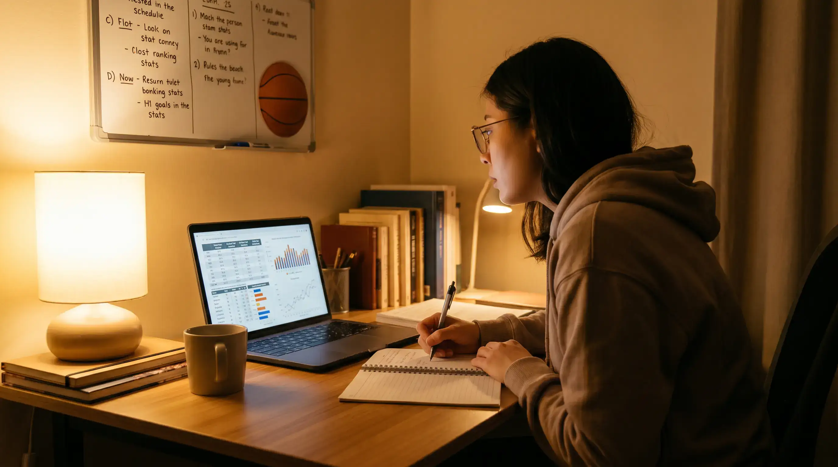 Persona estudiando estadísticas de baloncesto en una pantalla con cuaderno de notas