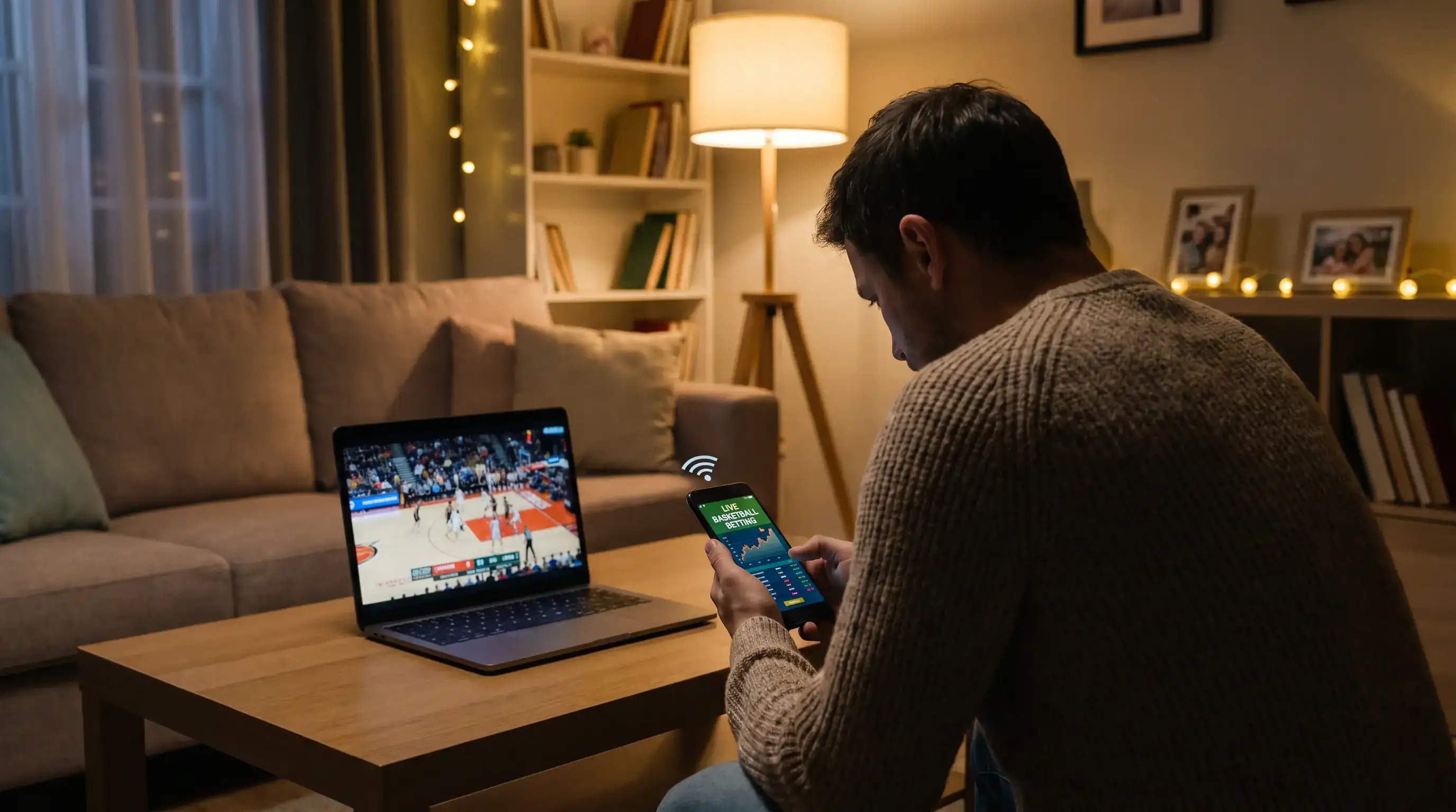 Apostador usando smartphone para apuestas live de baloncesto con buena conexión móvil