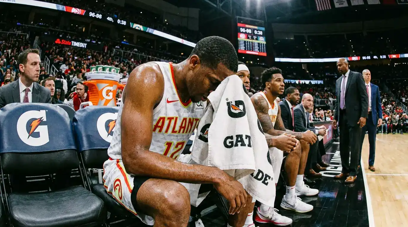 Jugador de baloncesto NBA mostrando signos de cansancio en el banquillo