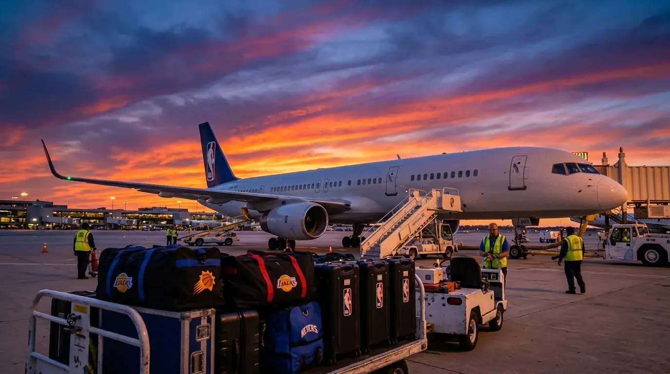 Avión en pista con logotipos deportivos representando viajes de equipos NBA