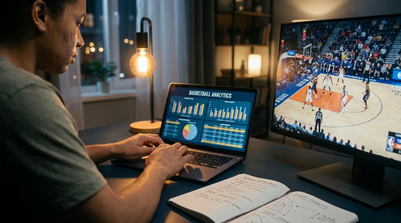 Analista revisando datos de apuestas de baloncesto en un portátil con estadísticas en pantalla