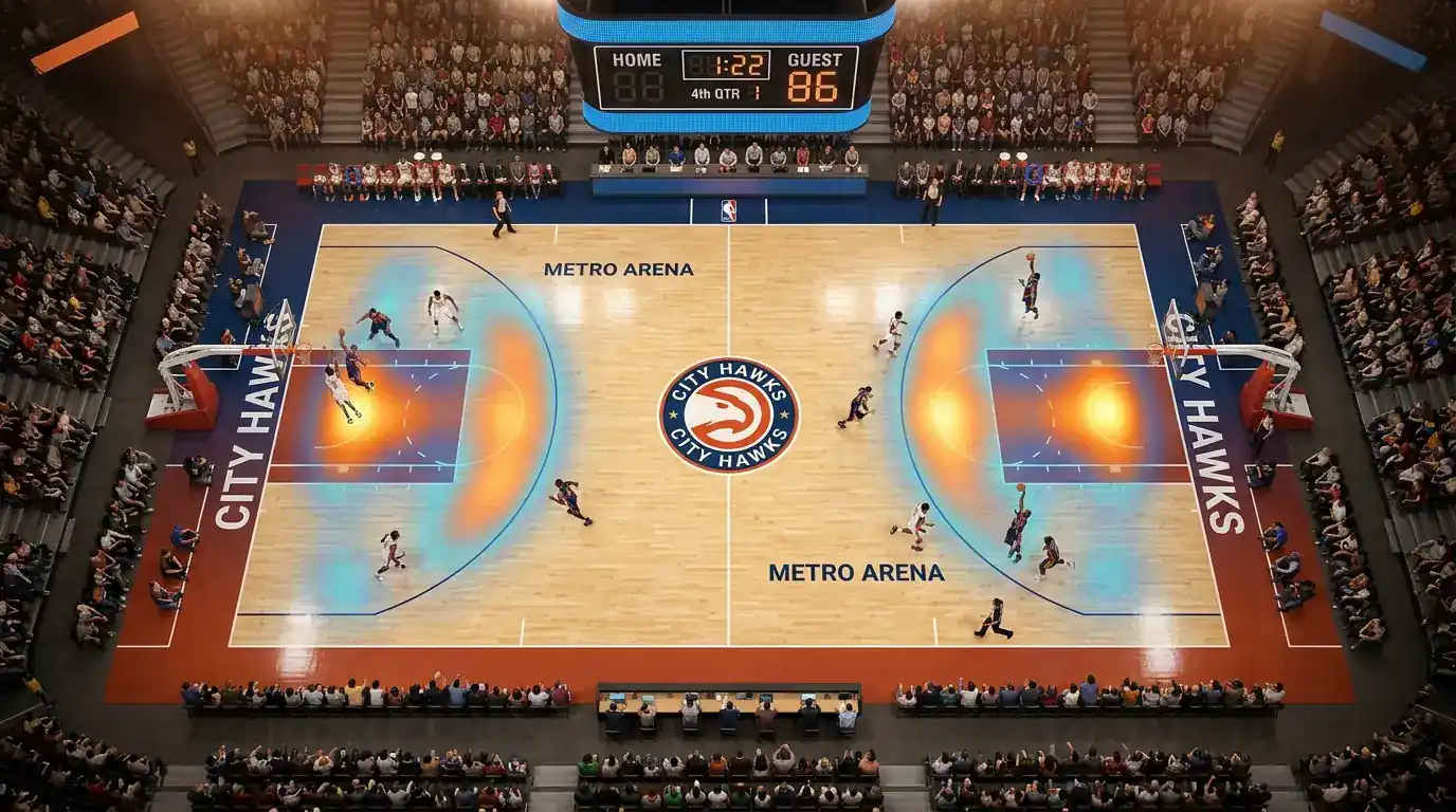 Pista de baloncesto vista cenital con elementos de análisis estadístico superpuestos