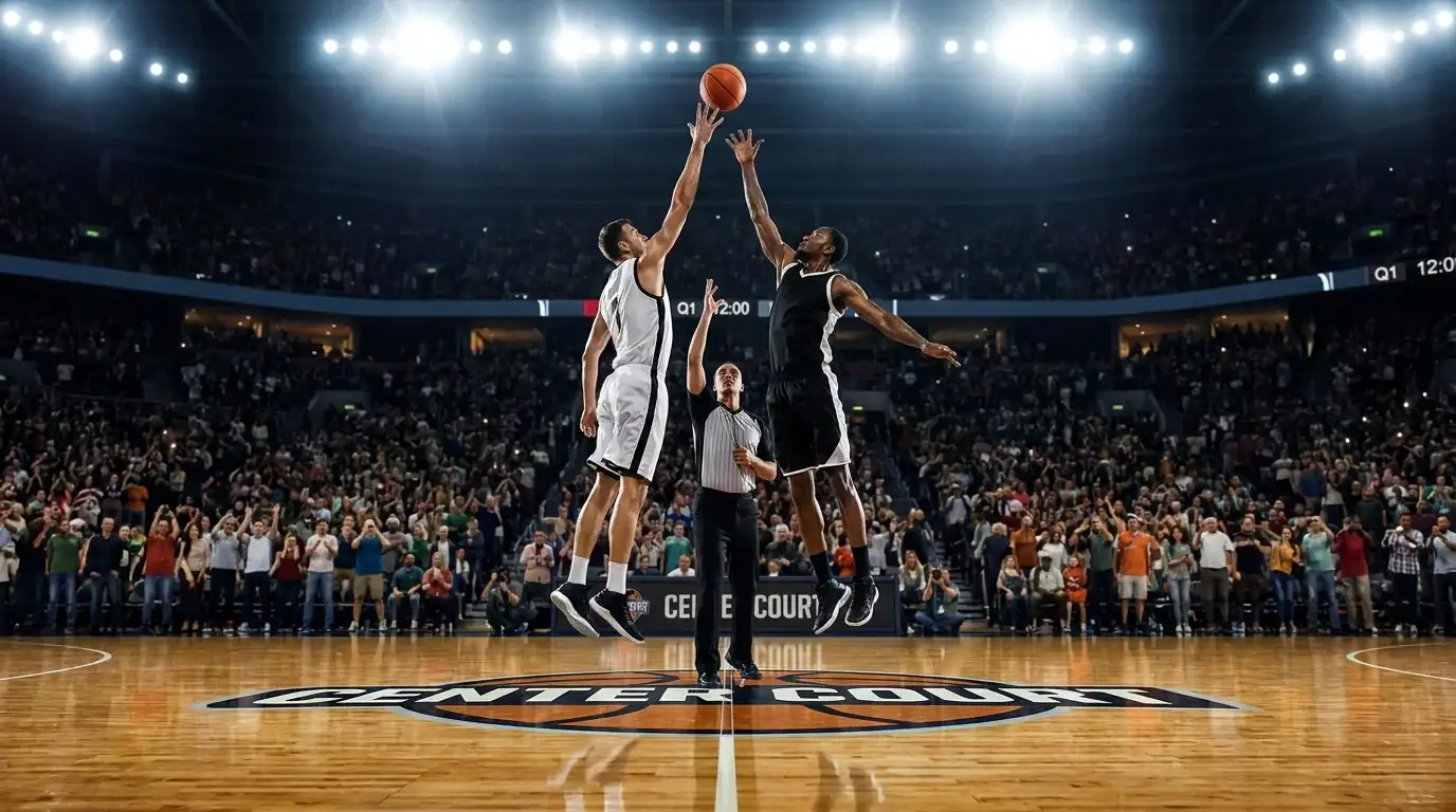 Salto inicial en partido de baloncesto marcando el primer cuarto