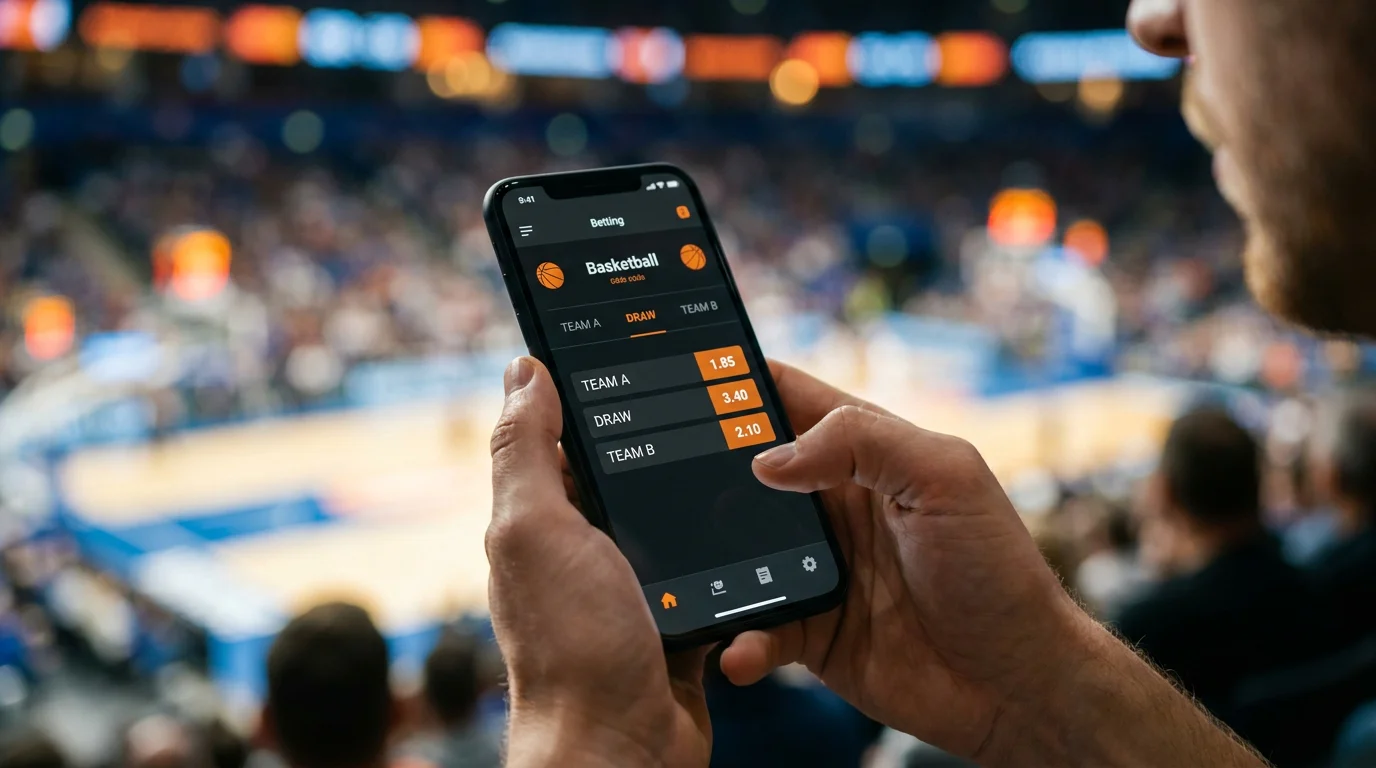 Smartphone mostrando cuotas y mercados de apuestas de baloncesto en una aplicación móvil
