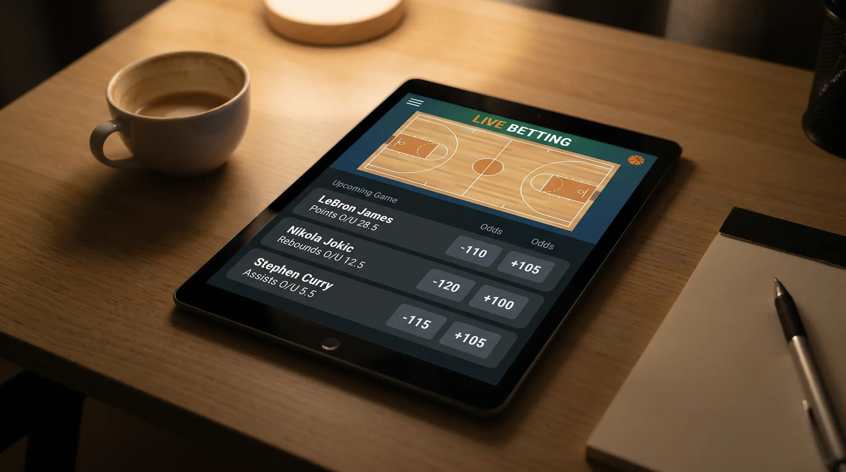 Líneas de prop bets mostrando puntos, rebotes y asistencias de un jugador NBA