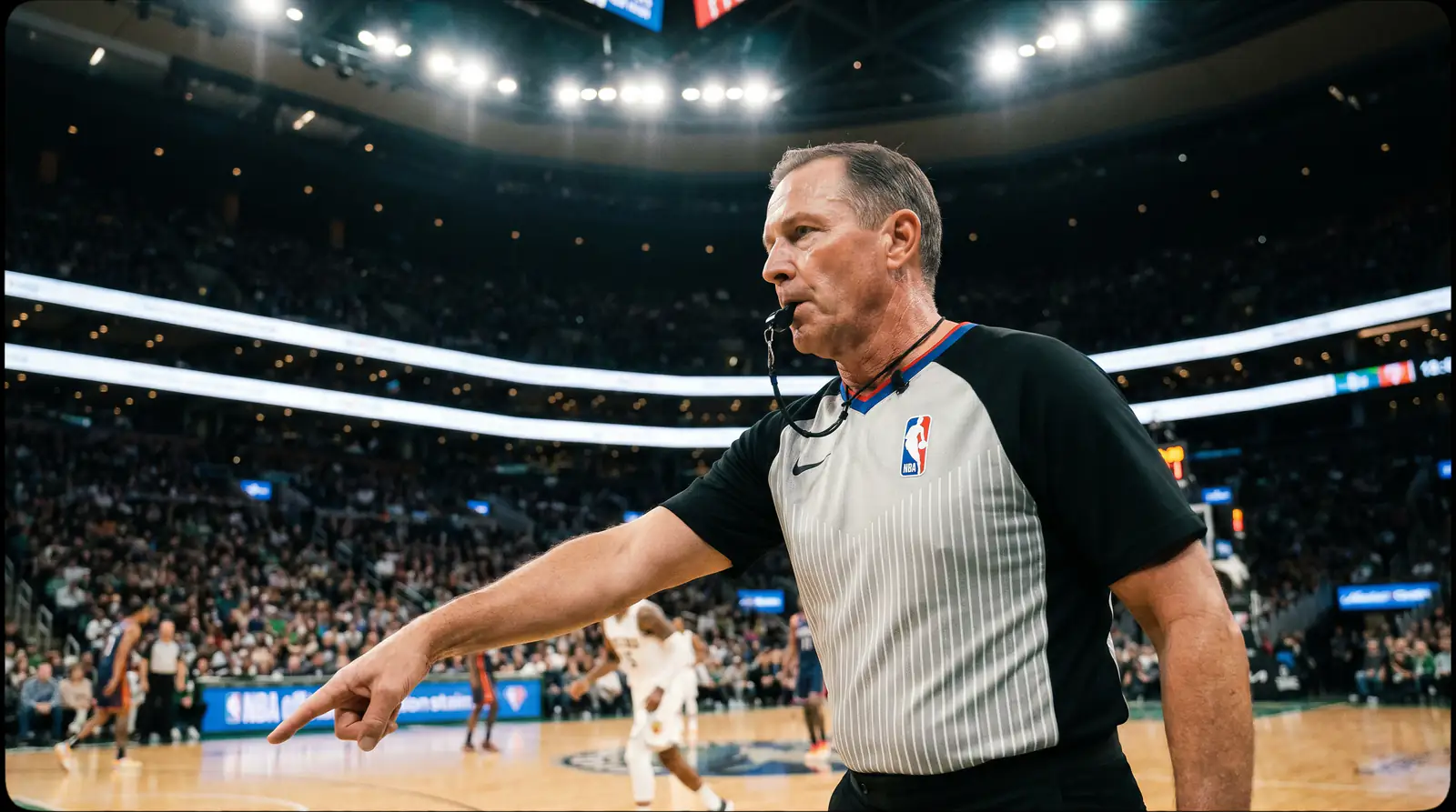 Árbitro de baloncesto señalando falta durante un partido profesional en pista cubierta
