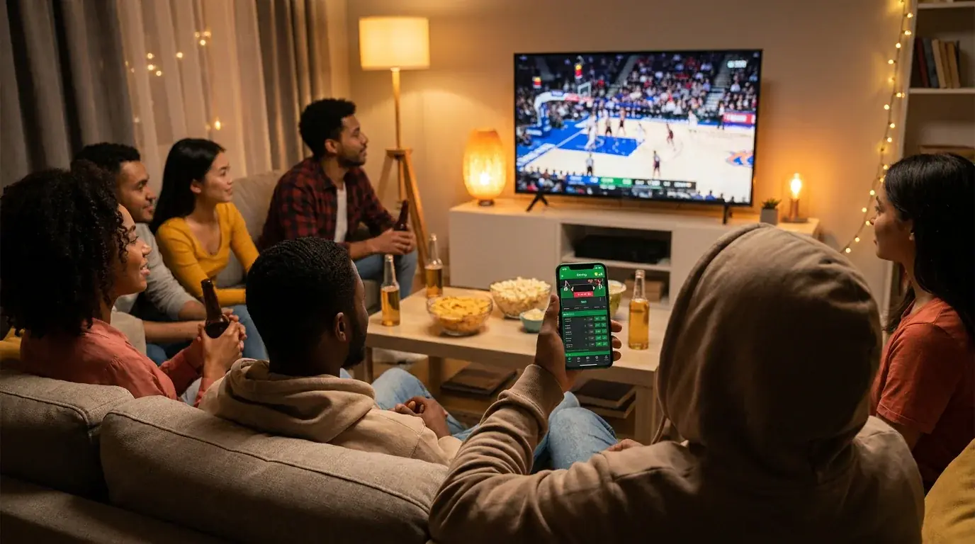 Grupo de amigos viendo un partido de baloncesto con apuestas en el móvil