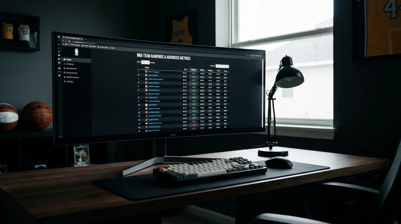 Pantalla con base de datos de estadísticas avanzadas de equipos de baloncesto