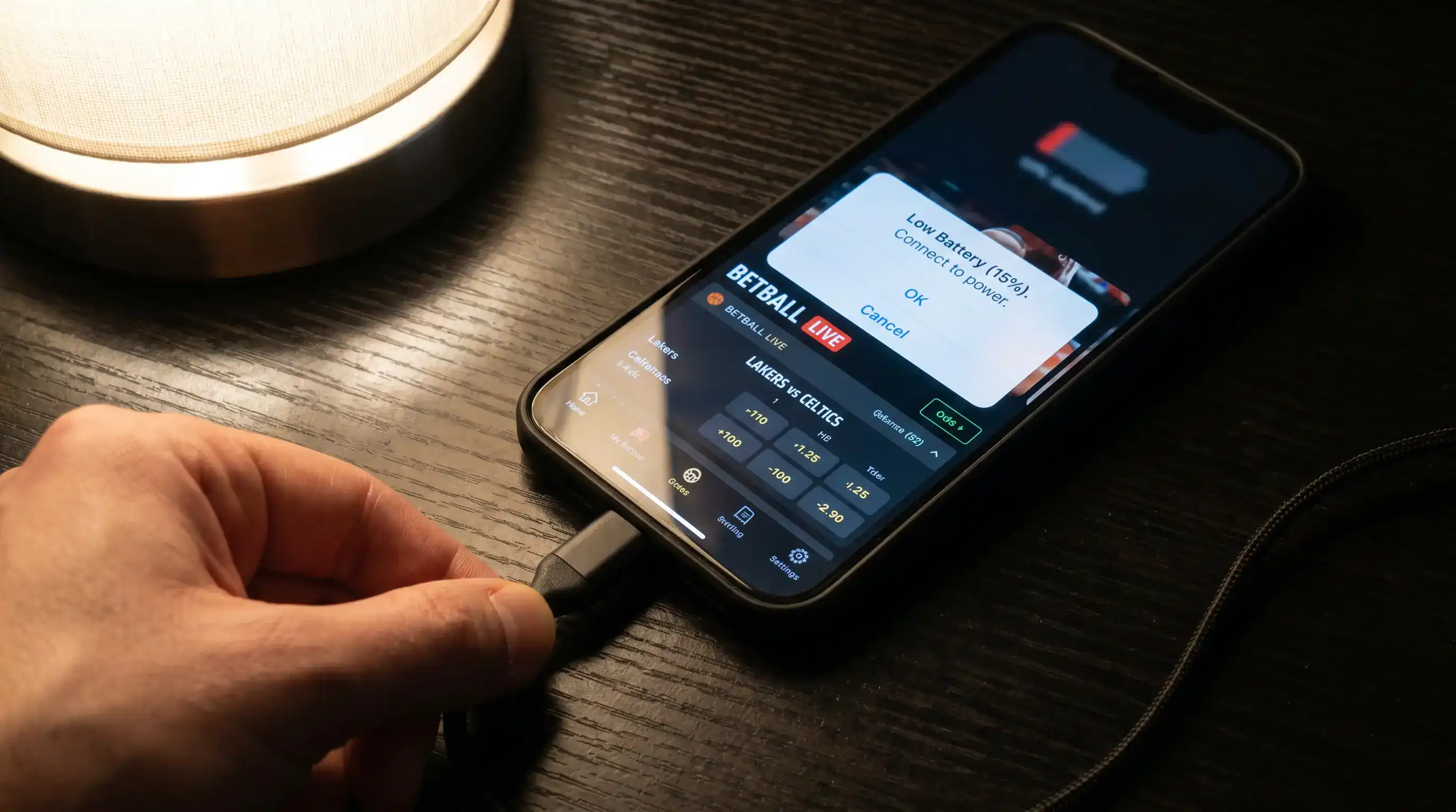 Smartphone con indicador de bateria durante sesion de apuestas en directo de baloncesto