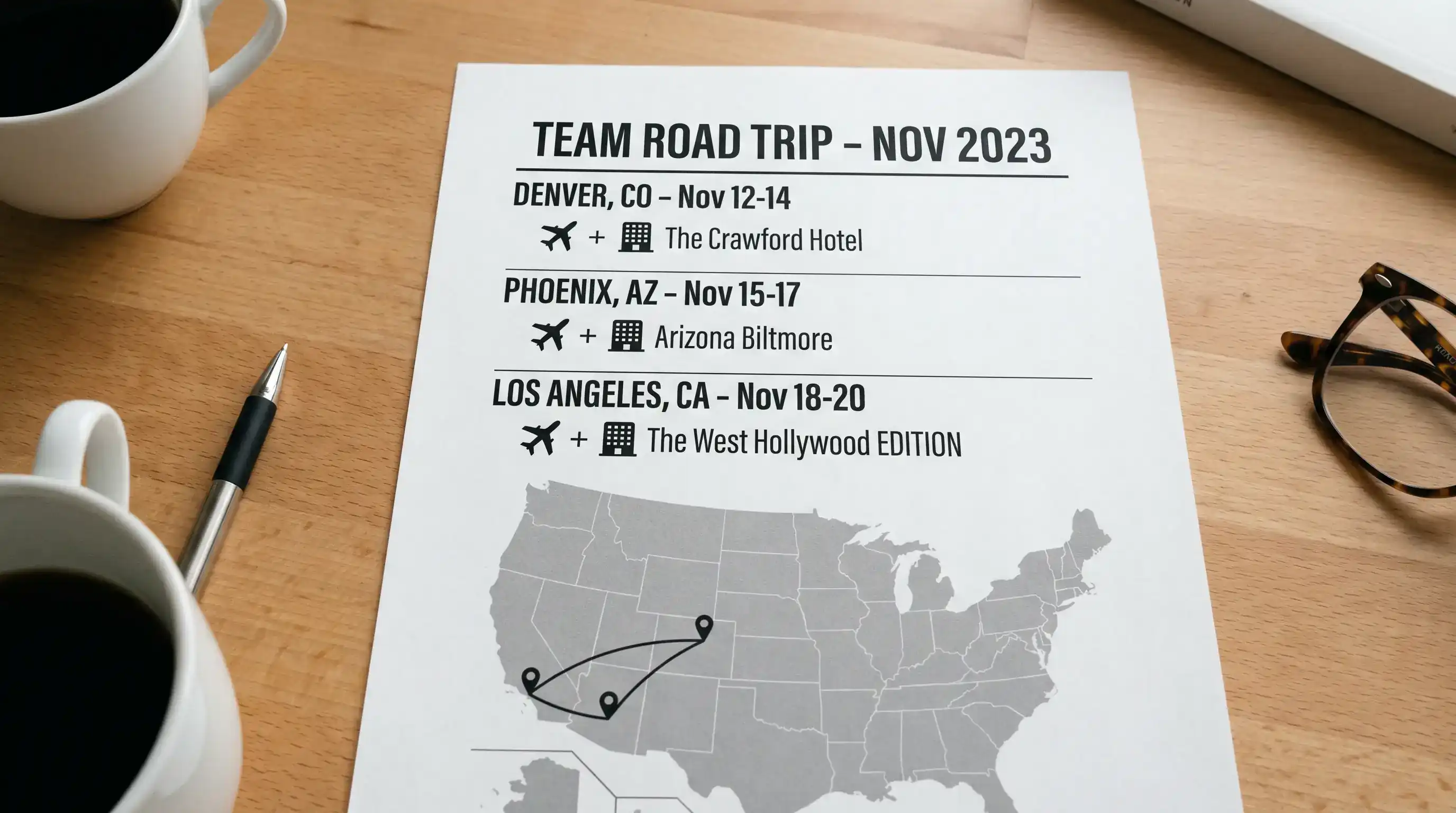 Mapa de ruta de viaje de un equipo de baloncesto NBA con indicadores de fatiga acumulada