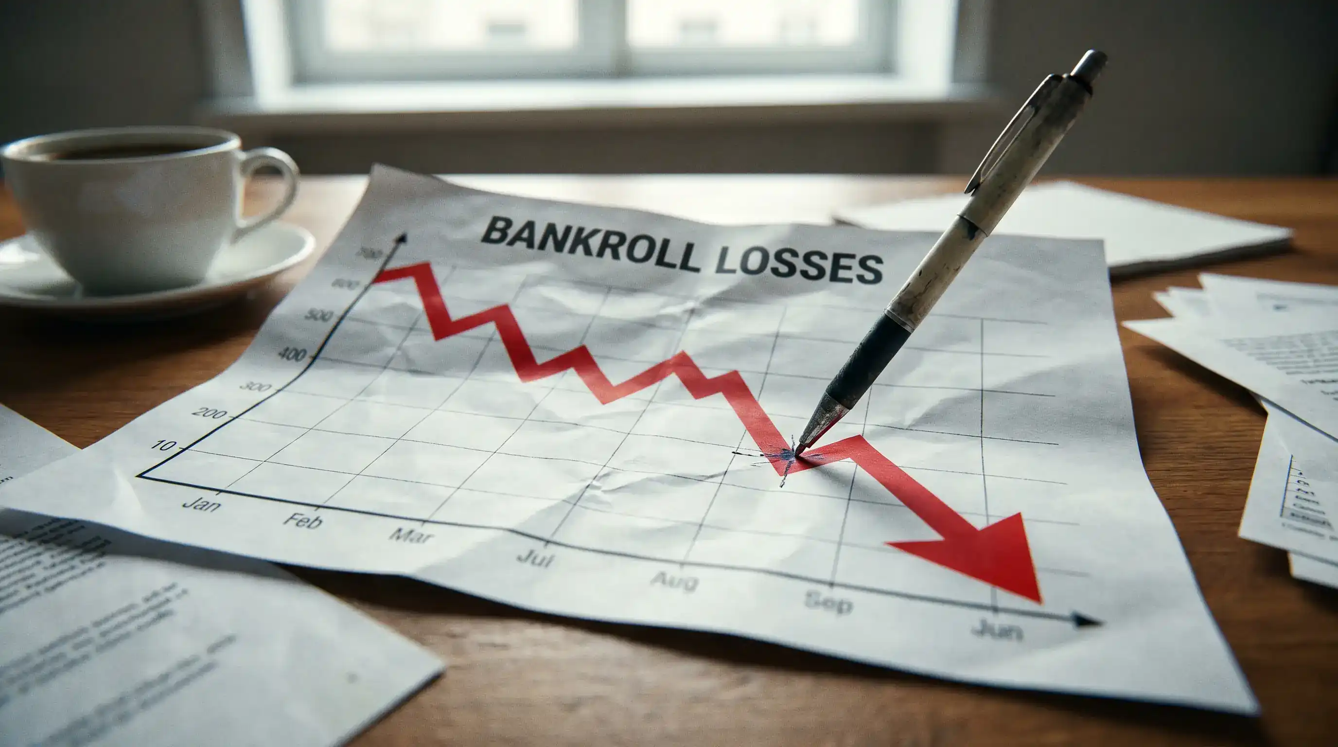 Gráfico descendente de bankroll mostrando el efecto de perseguir pérdidas en apuestas
