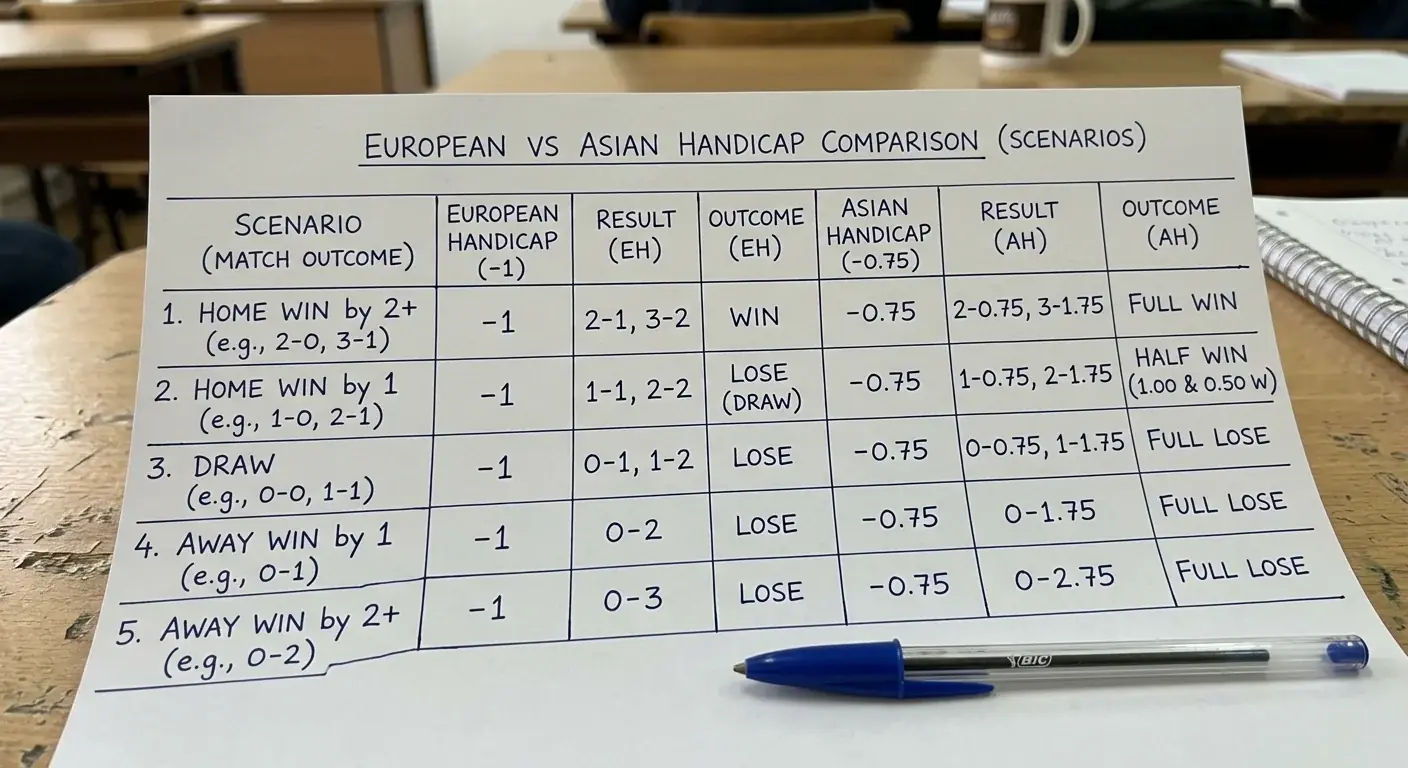 Tabla comparativa escrita a mano entre hándicap europeo y asiático con escenarios