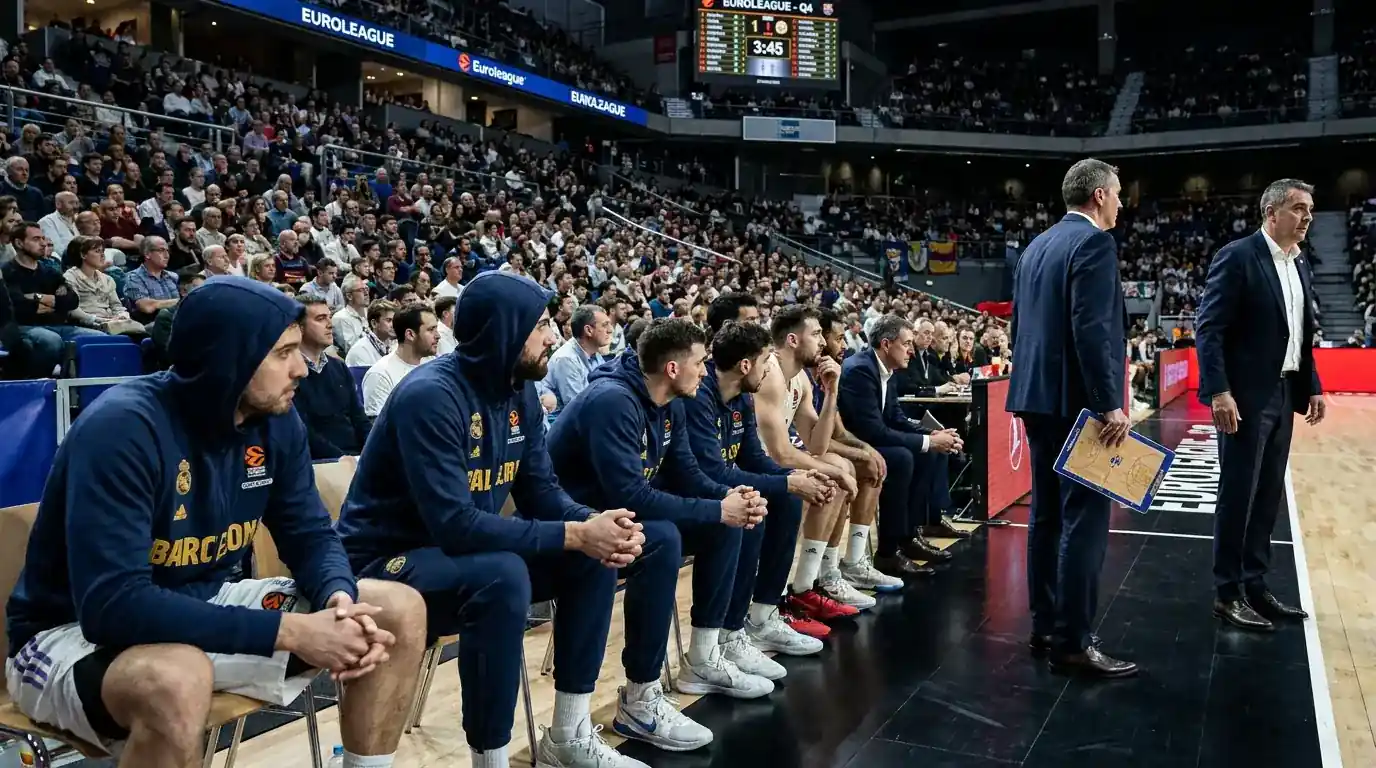 Banquillo de equipo de baloncesto europeo con jugadores esperando su turno
