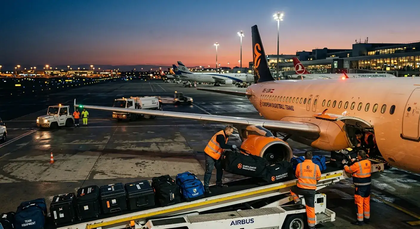 Avión en pista con equipaje deportivo simbolizando viajes largos de equipos de Euroliga