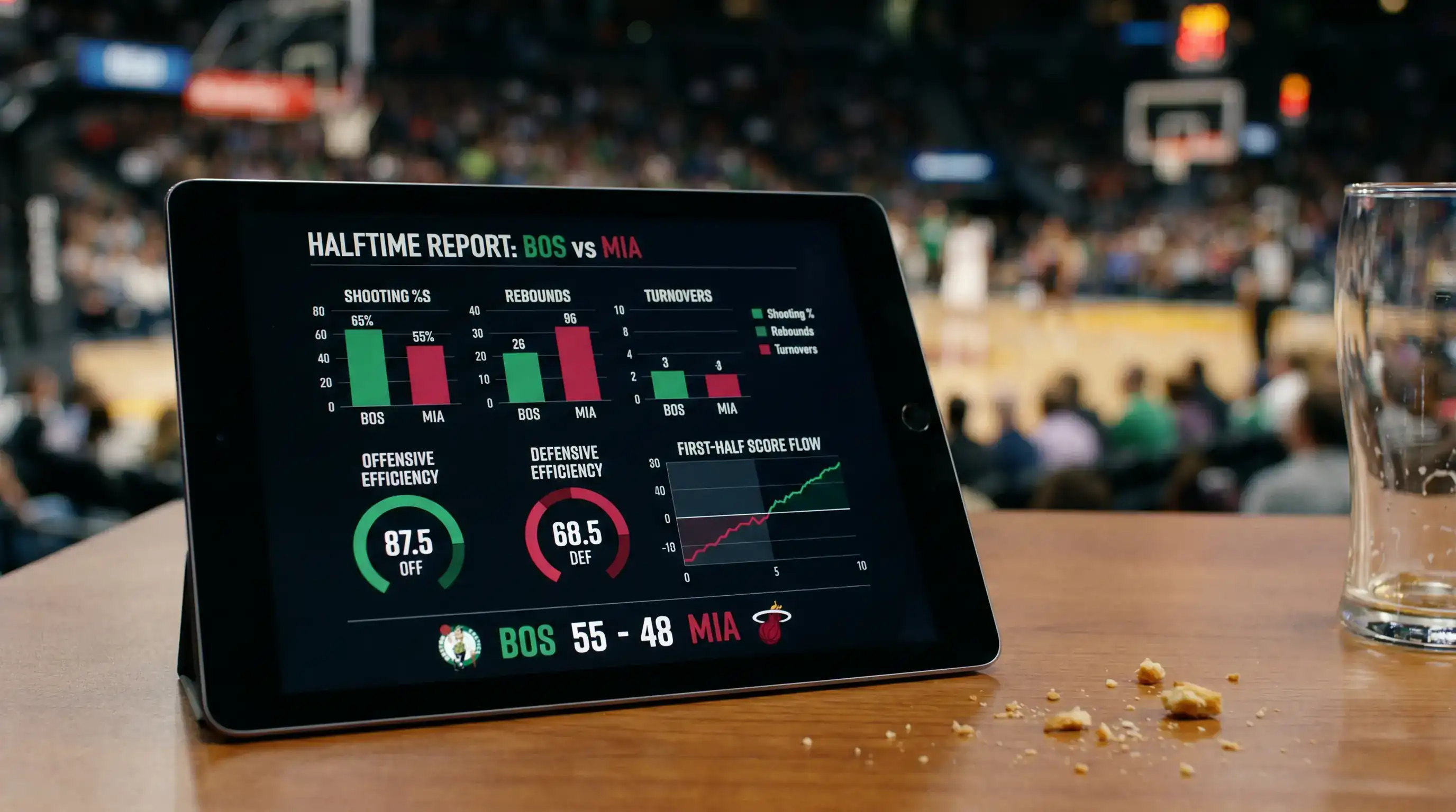 Estadísticas de primera mitad de un partido de baloncesto con tendencias por equipo
