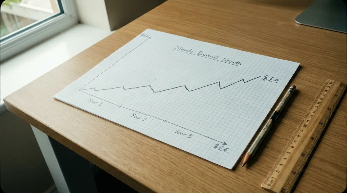 Gráfico lineal estable mostrando evolución de bankroll con método de apuesta plana