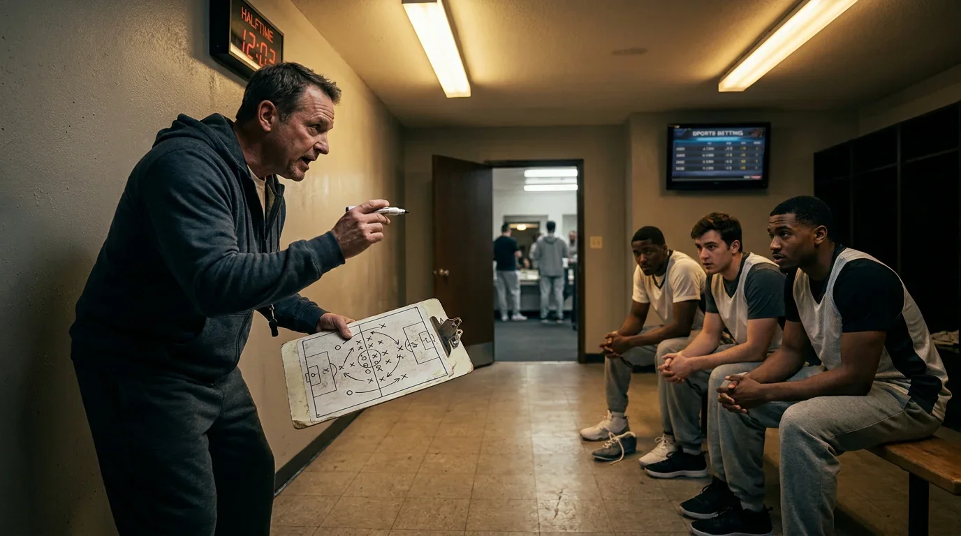 Entrenador de baloncesto dando instrucciones tacticas en el descanso