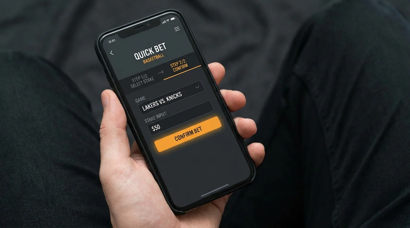 Interfaz simplificada de apuesta rápida en app móvil con selección de cuota y confirmación