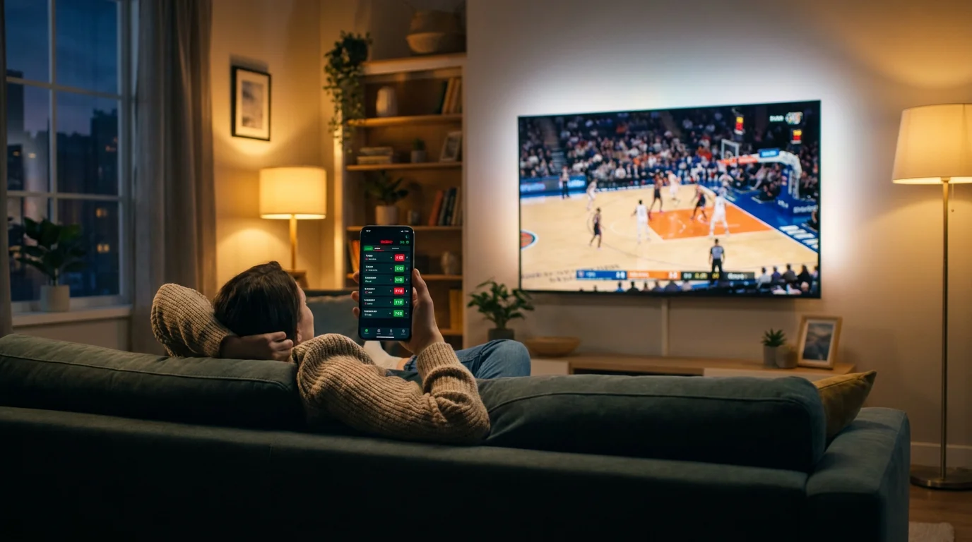 Persona viendo un partido de baloncesto en directo con cuotas en vivo actualizándose en la pantalla del móvil