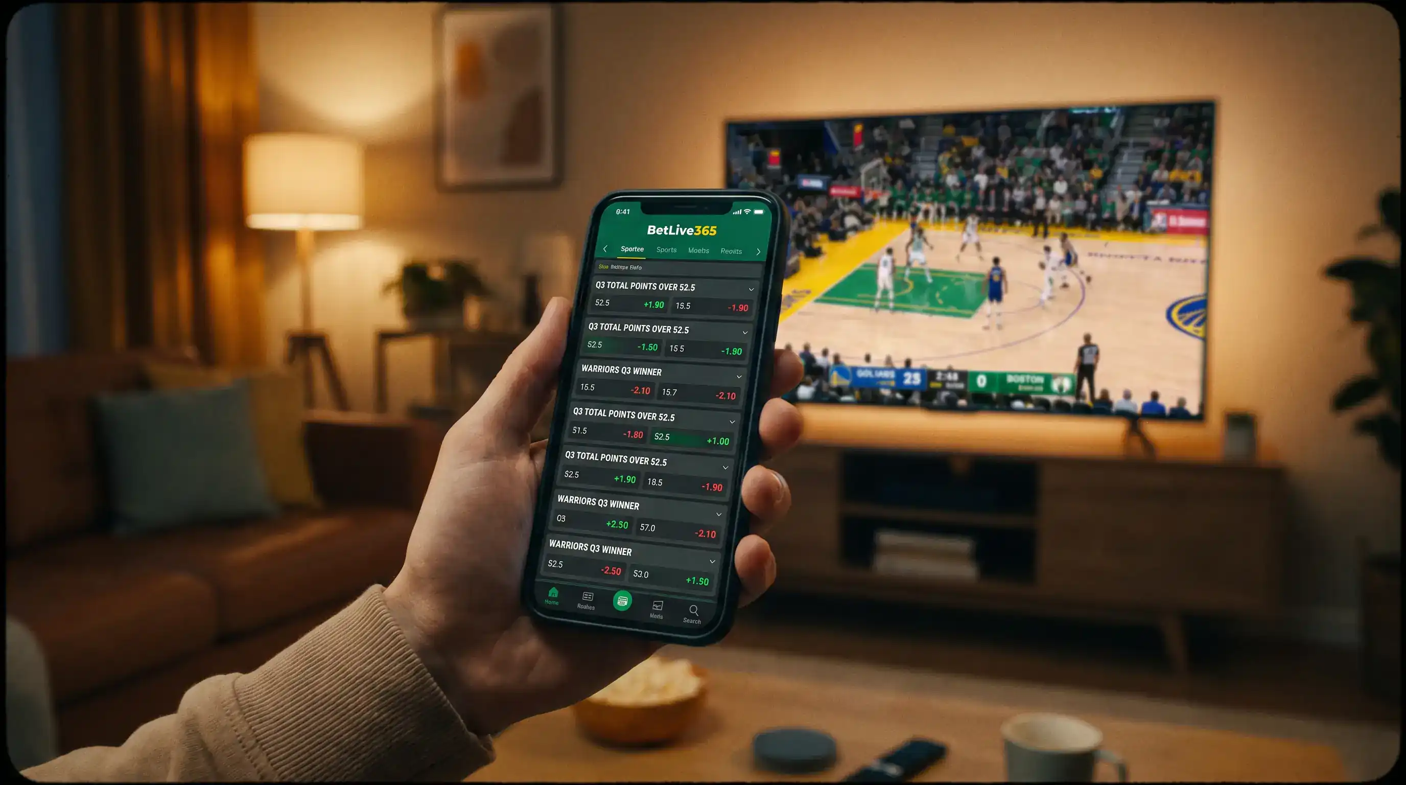 Pantalla de apuestas en directo con mercados de cuartos durante partido de baloncesto