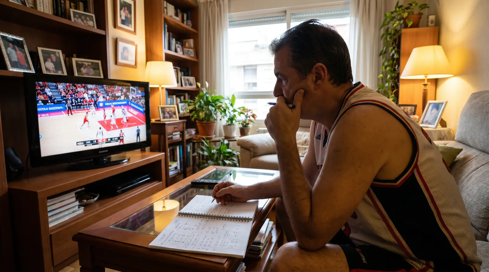Aficionado español viendo partido ACB con análisis de apuestas