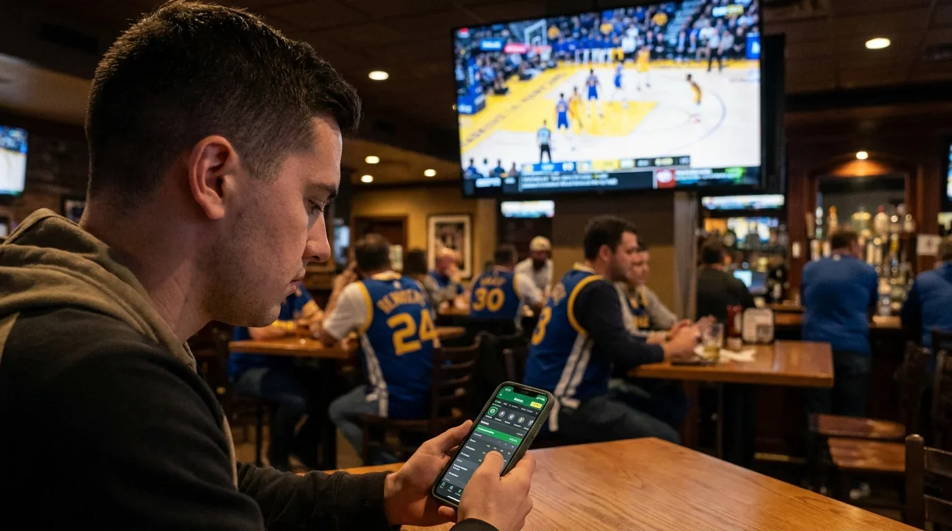 Persona apostando en baloncesto desde su smartphone mientras ve un partido en un bar