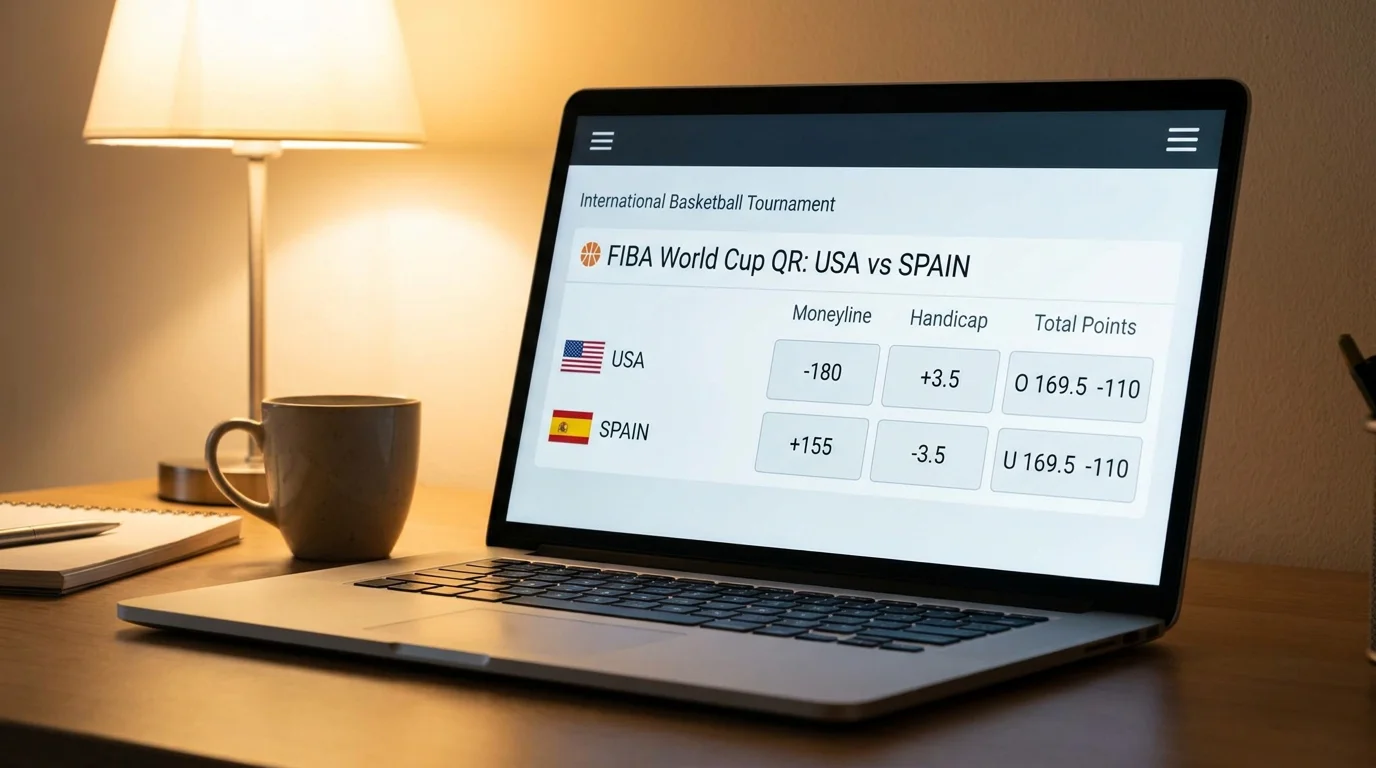 Pantalla de mercados de apuestas disponibles para un partido de selecciones FIBA