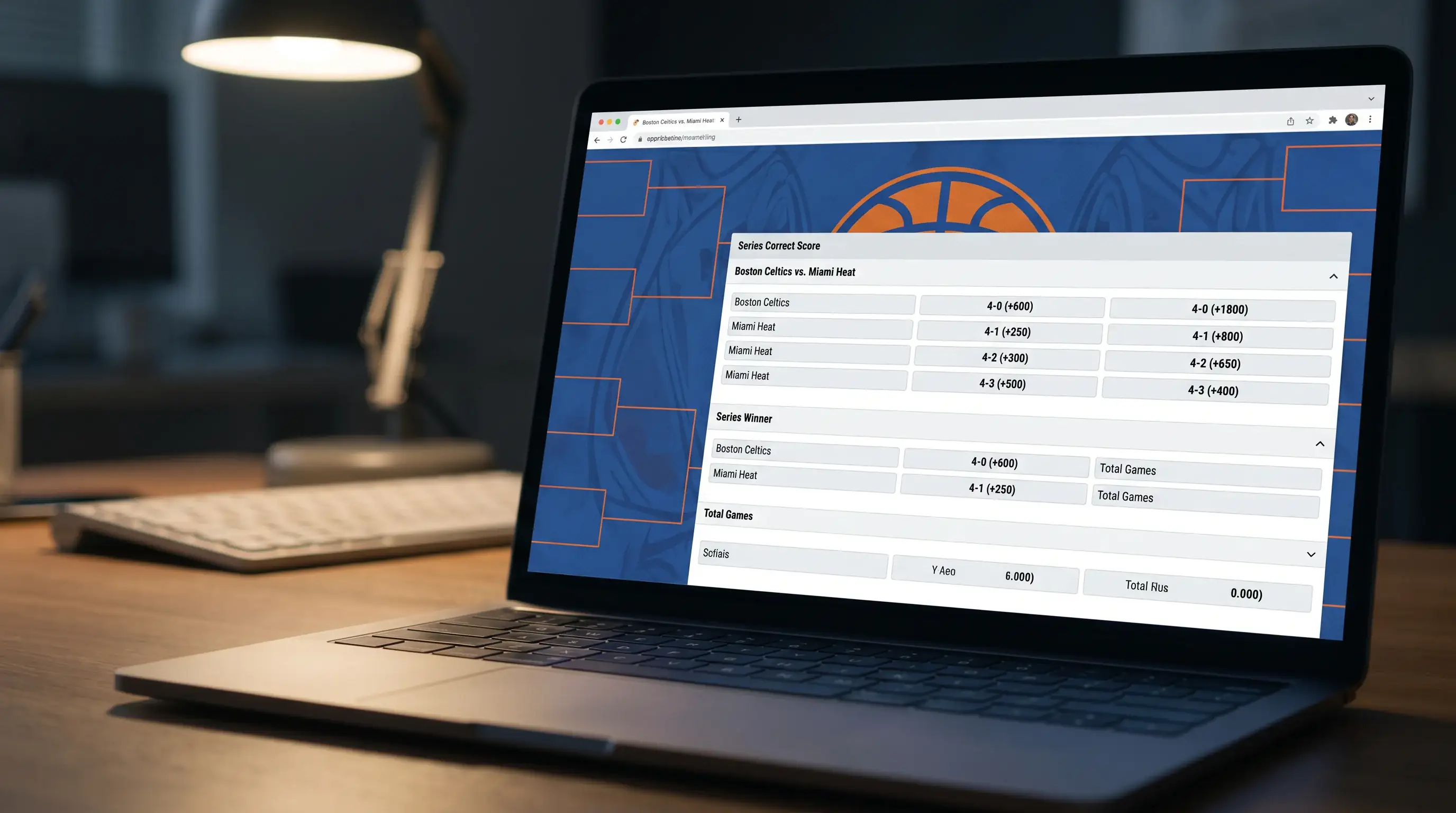Pantalla de mercados de apuestas de serie completa de playoffs con cuotas de resultado exacto
