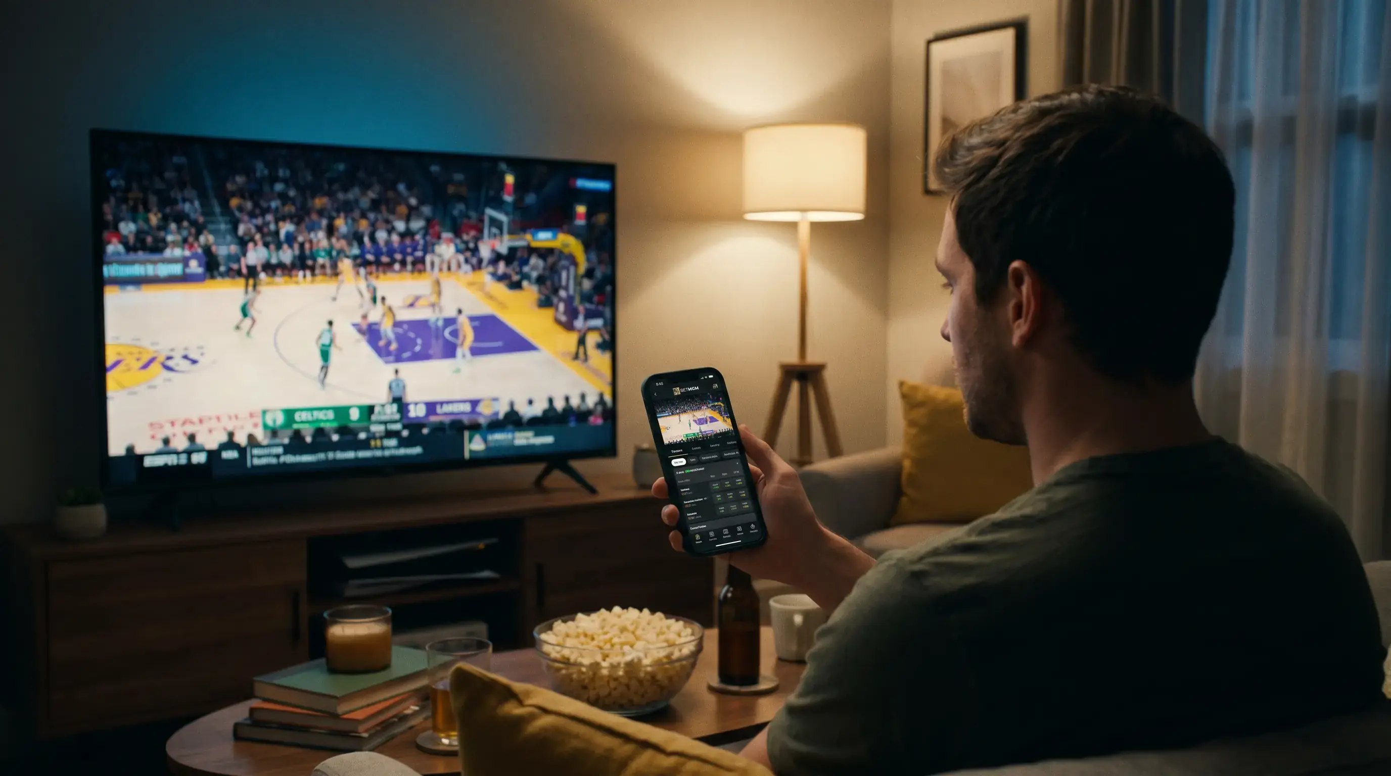 Persona viendo un partido de baloncesto en televisión con el móvil de apuestas en la mano