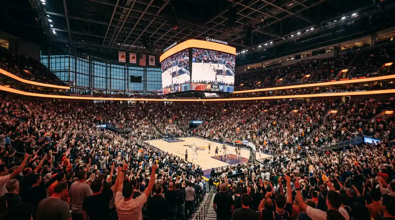 Interior de un pabellón NBA lleno de público durante un partido nocturno con iluminación espectacular