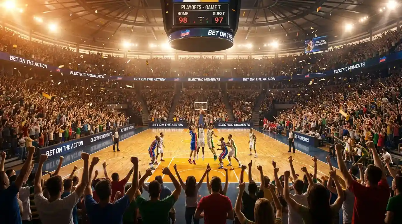 Ambiente de playoffs NBA en pabellon lleno con intensidad competitiva