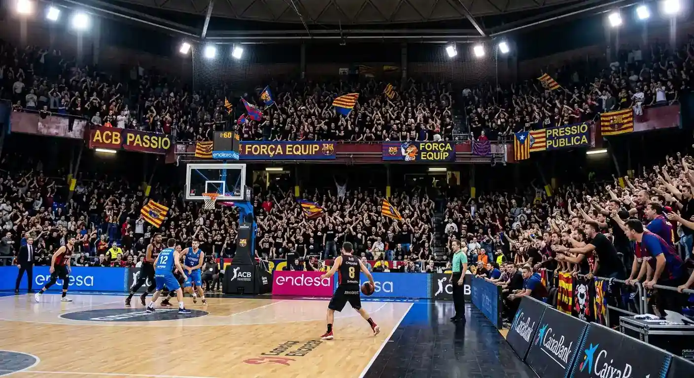 Pabellon de baloncesto ACB con público cercano a la cancha creando ambiente intenso