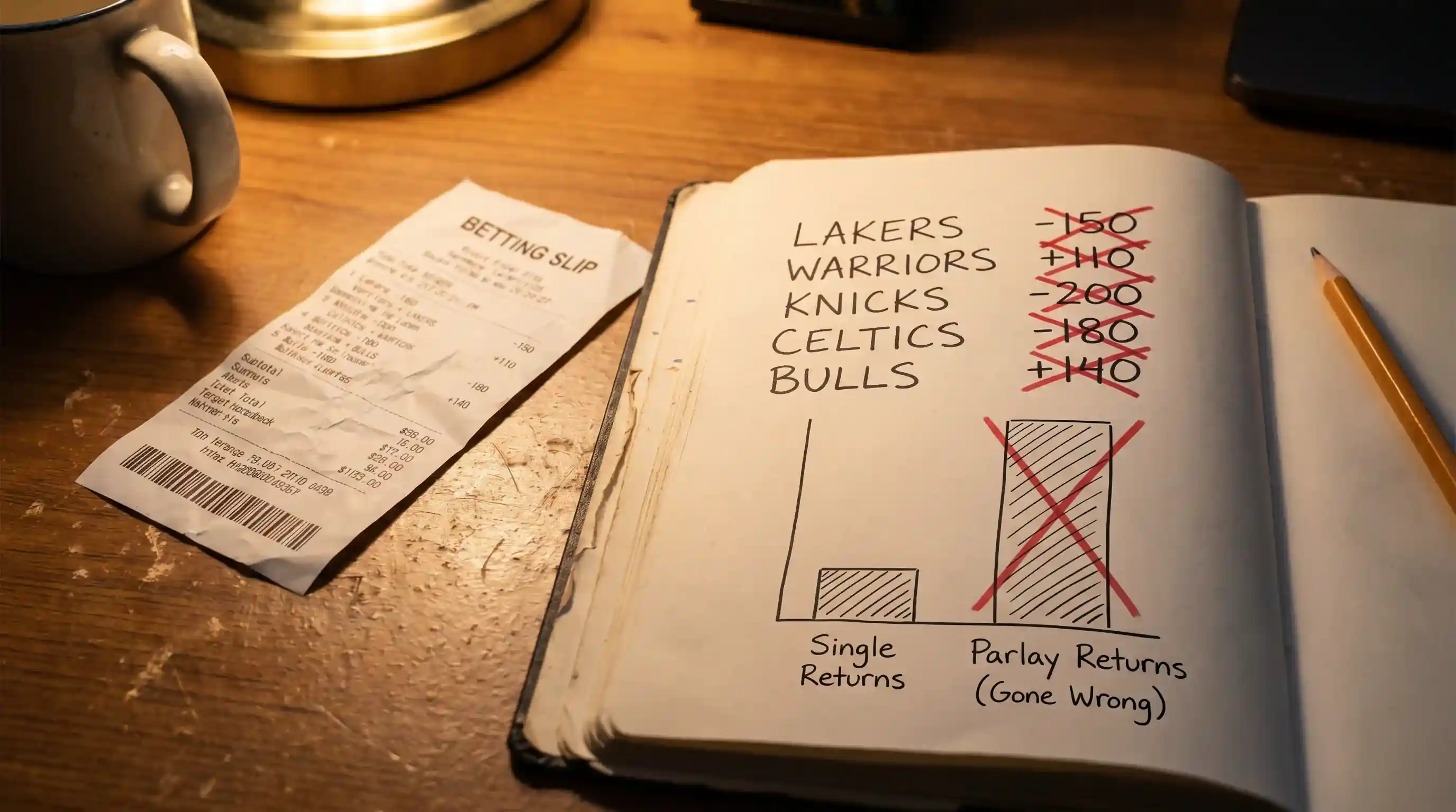 Advertencia visual sobre riesgos de parlays en apuestas de baloncesto