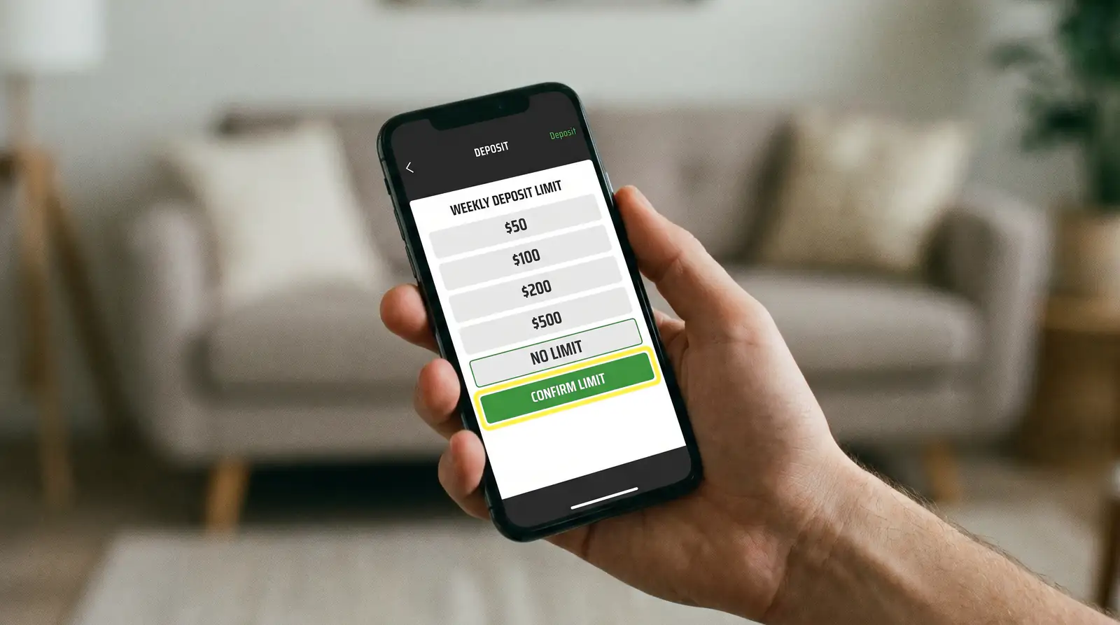 Interfaz de primer depósito con selector de límite semanal en una app de apuestas