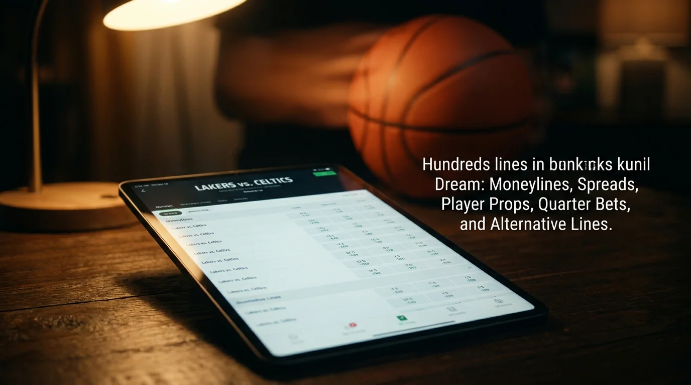 Pantalla de operador mostrando variedad de mercados disponibles para un partido de baloncesto NBA