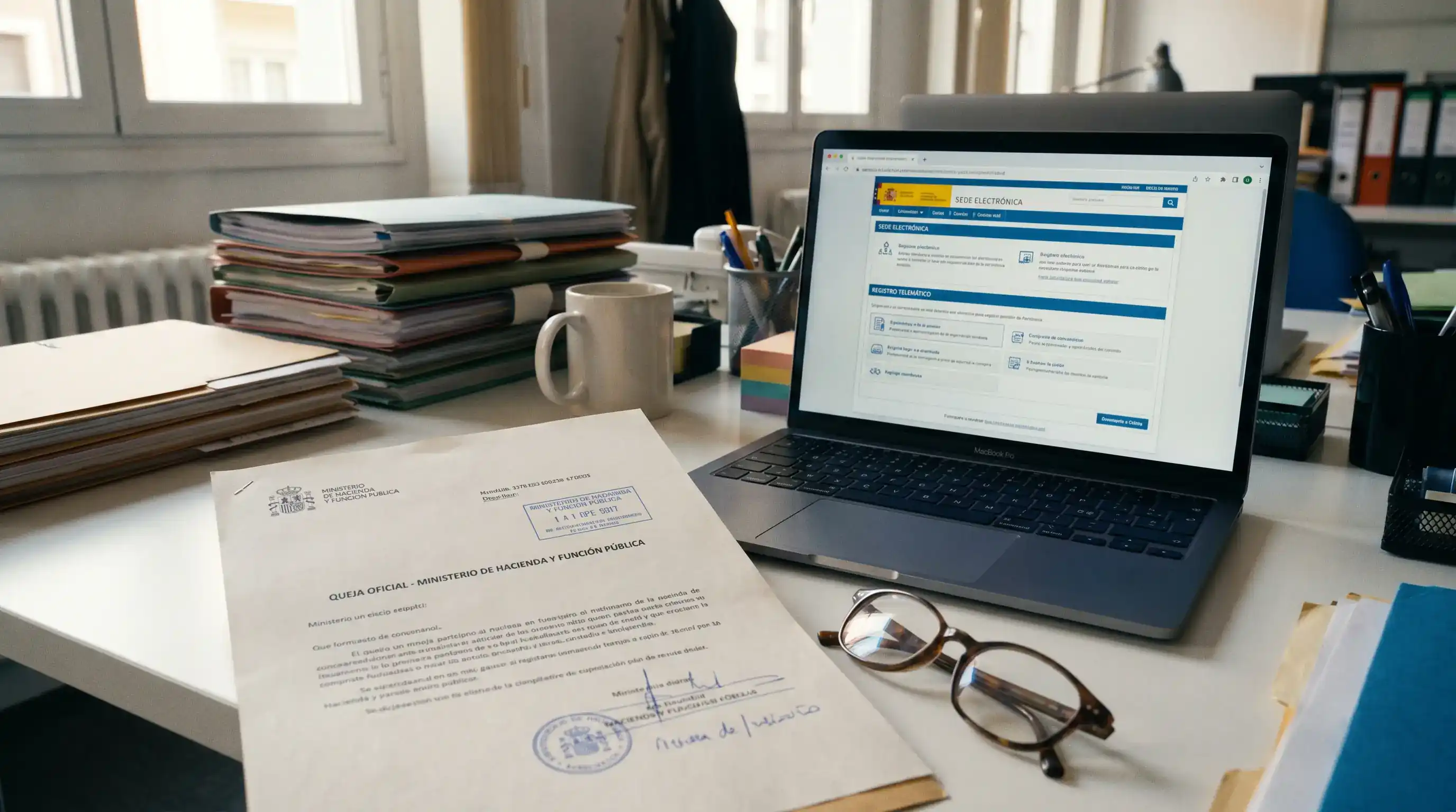 Documento de reclamación junto a un portátil con la sede electrónica de la DGOJ abierta