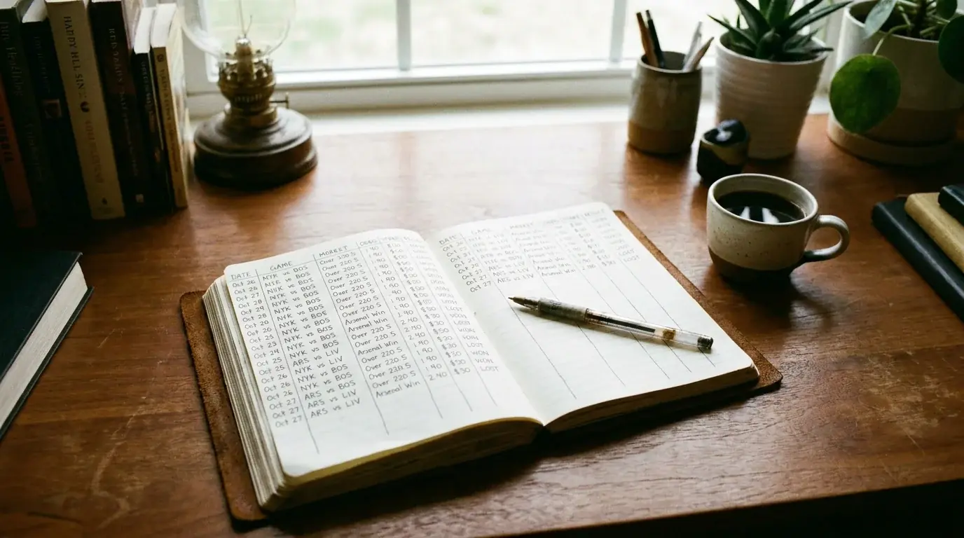 Cuaderno abierto con registro de apuestas anotadas a mano junto a un bolígrafo