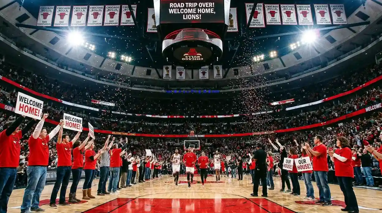 Pabellón de baloncesto NBA con aficionados recibiendo al equipo local tras un viaje