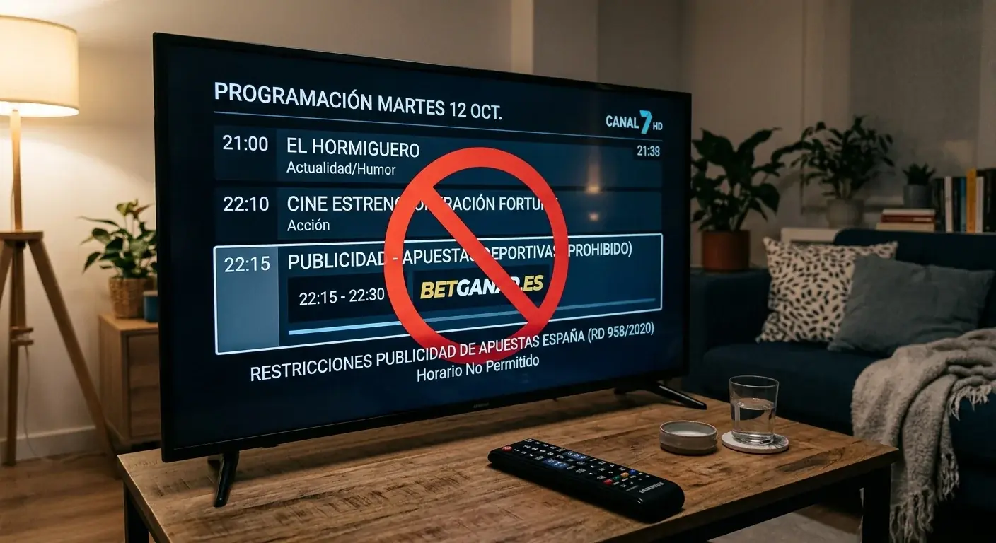 Televisión mostrando franja horaria protegida con símbolo de restricción publicitaria