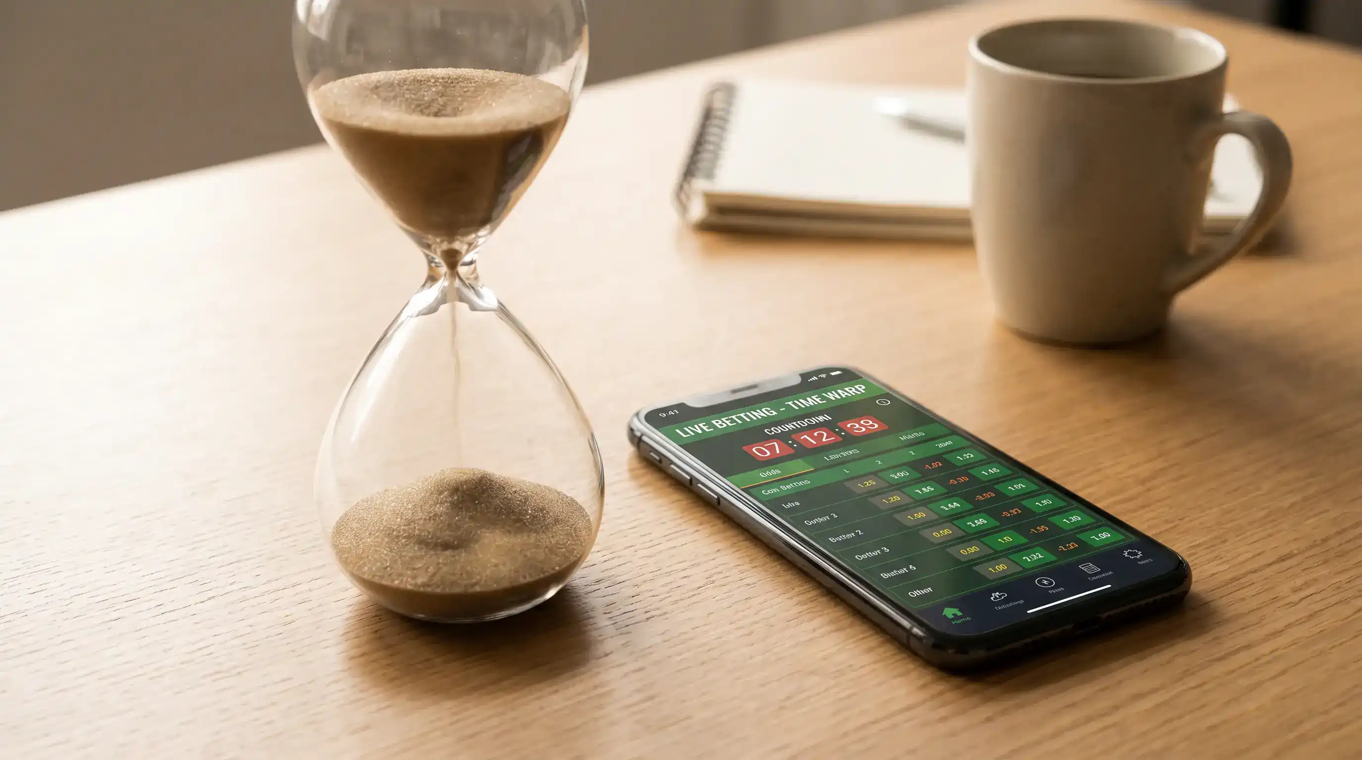 Reloj de arena junto a un móvil con pantalla de apuestas simbolizando el paso rápido del tiempo
