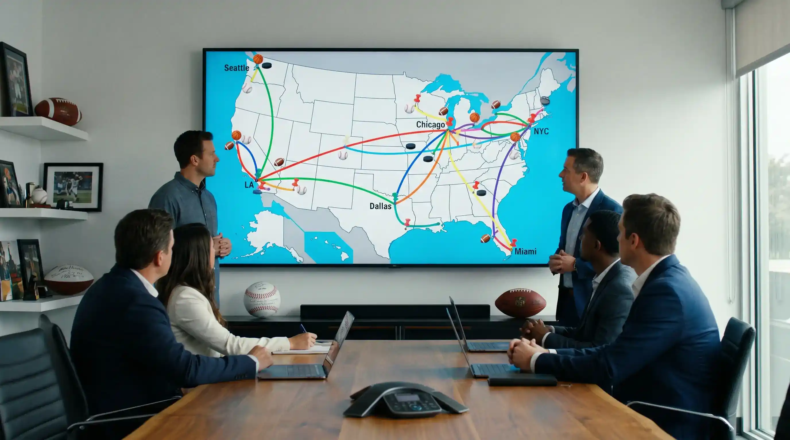 Mapa de Estados Unidos con rutas de viaje marcadas entre ciudades NBA