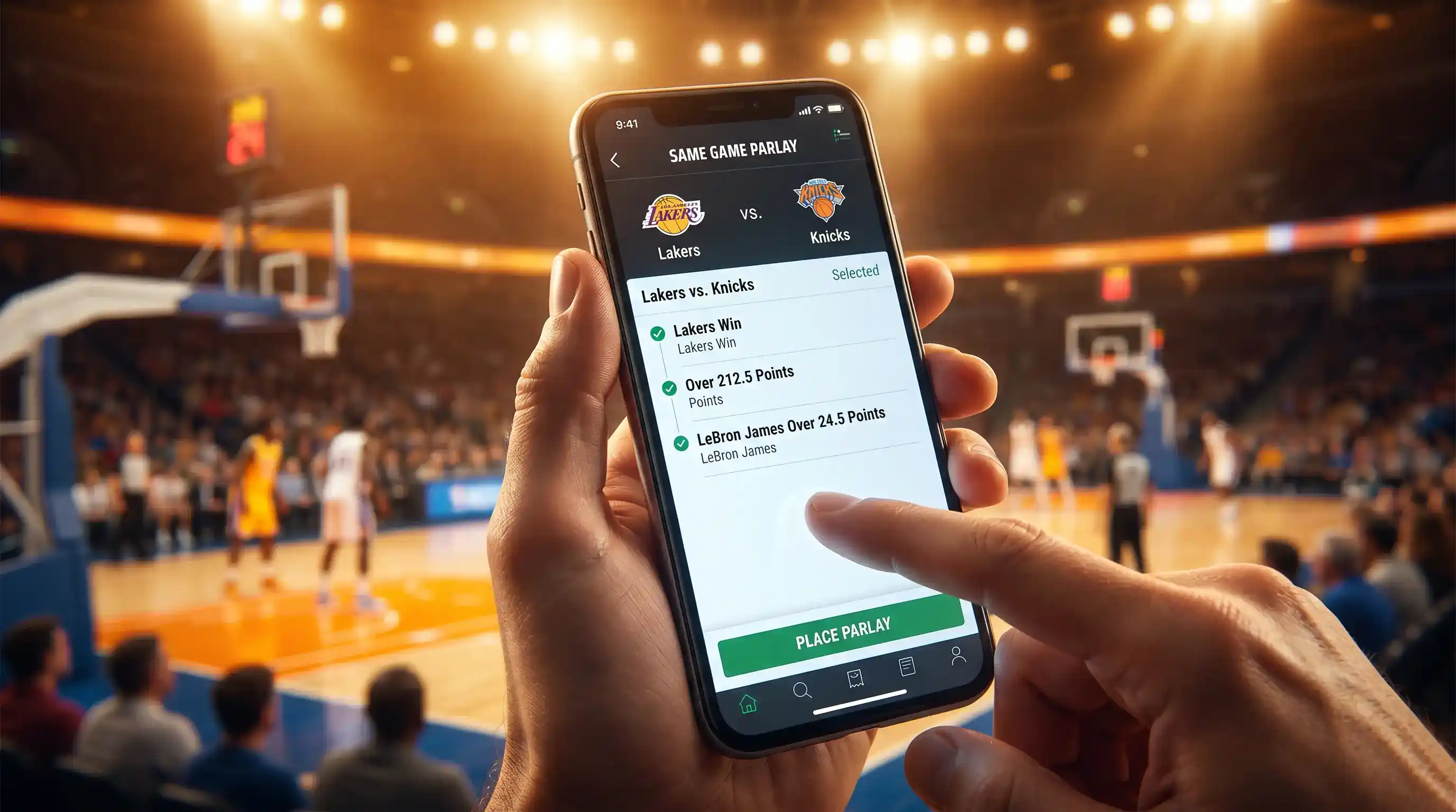 Pantalla de same game parlay de baloncesto mostrando selecciones correlacionadas del mismo partido
