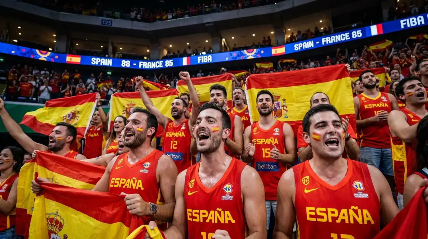 Equipo de la selección española de baloncesto en competición FIBA con público espanol
