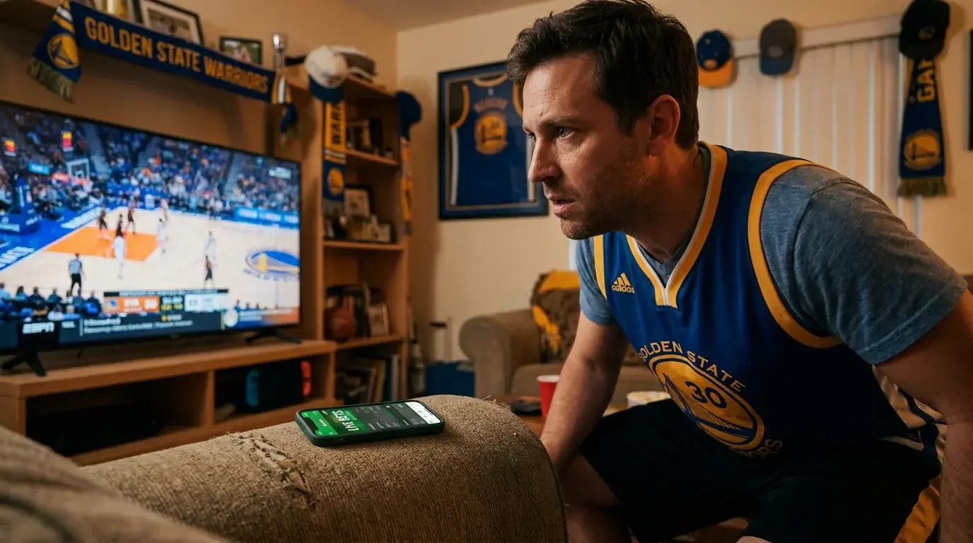 Aficionado de baloncesto viendo partido de su equipo con emociones que afectan sus apuestas