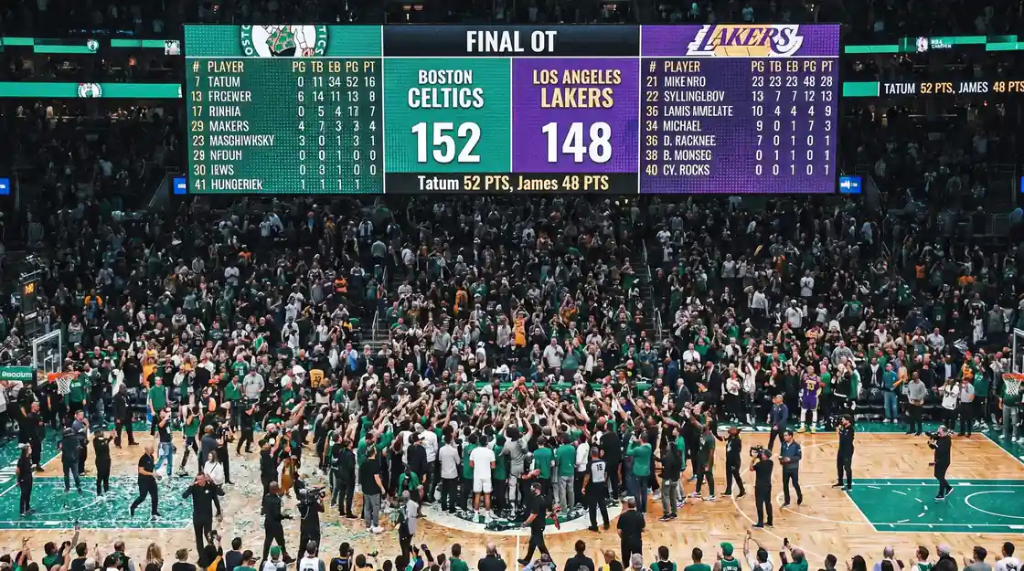 Marcador de baloncesto con puntuación alta tras una prórroga en un partido NBA