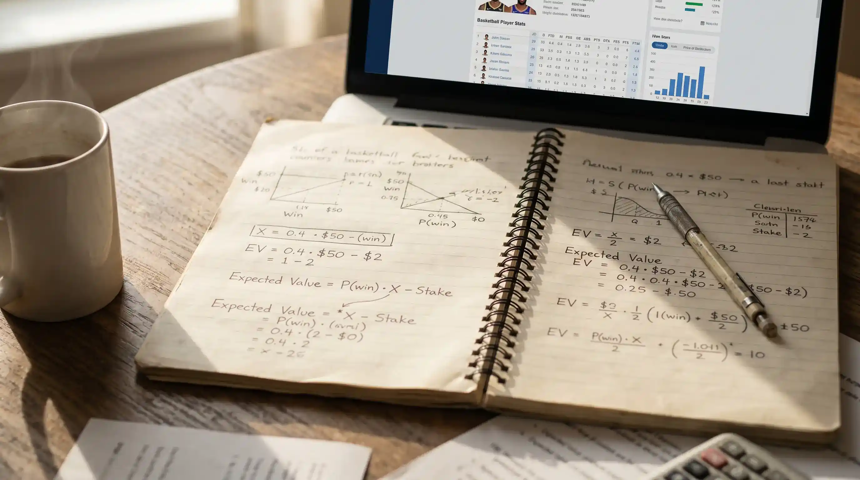 Cuaderno con cálculos de valor esperado y gestión de bankroll junto a un portátil con datos de baloncesto