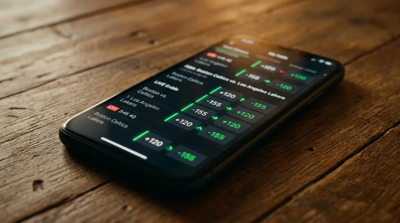 Pantalla de app móvil actualizando cuotas de baloncesto en tiempo real durante un partido
