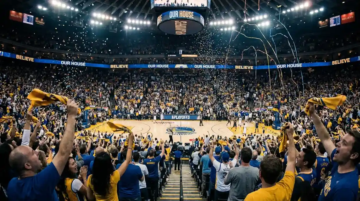 Ambiente de playoff en pabellon de baloncesto con grada completa y maxima intensidad